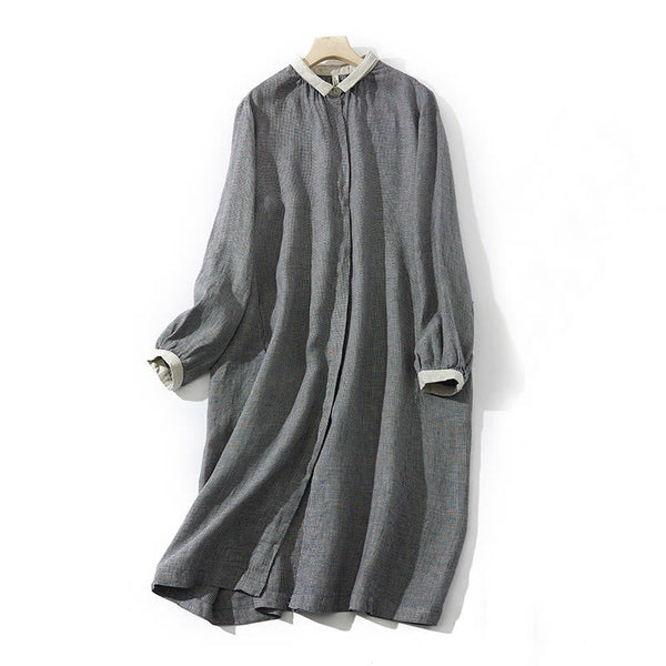 Buddha Stones Commute Retro DimGray Plaid Lantern Sleeve Cotton Linen Midi Dress With Pockets