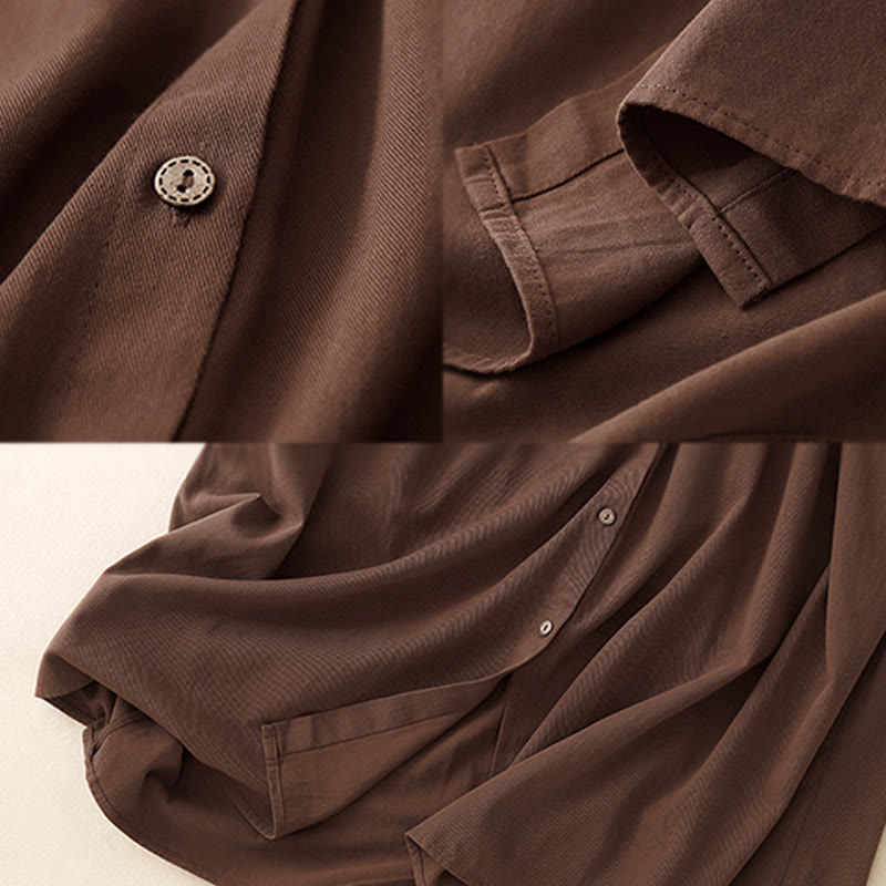 Buddha Stones Commute Pure Color Button Design Lapel Cotton Midi Dress