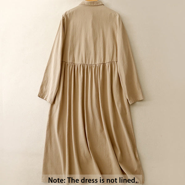 Buddha Stones Commute Pure Color Button Design Lapel Cotton Midi Dress