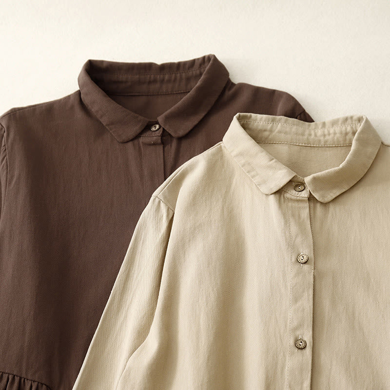 Buddha Stones Commute Pure Color Button Design Lapel Cotton Midi Dress