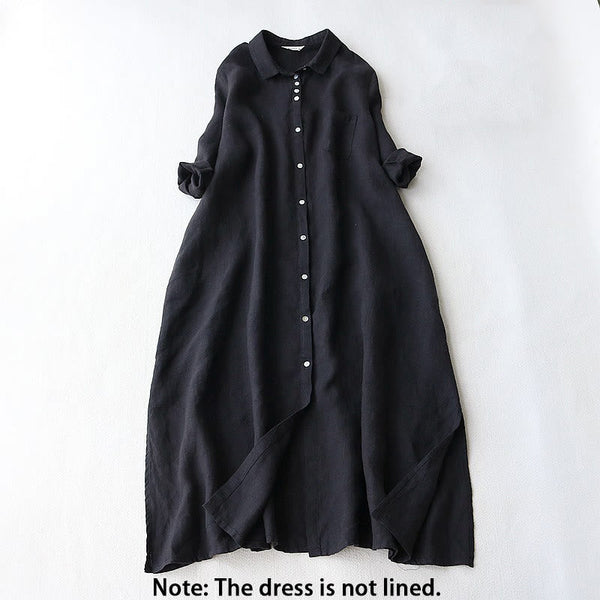 Buddha Stones Buttons Design Lapel Three Quarter Sleeve Cotton Linen Midi Dress With Pockets