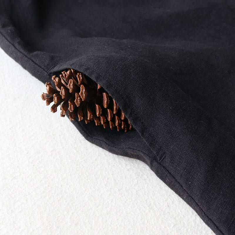 Buddha Stones Buttons Design Lapel Three Quarter Sleeve Cotton Linen Midi Dress With Pockets