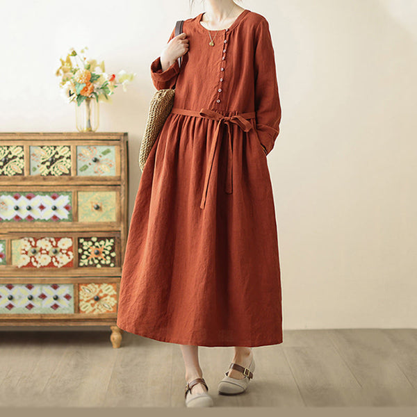 Buddha Stones Vintage OrangeRed Lace-Up Design Long Sleeve Cotton Maxi Dress With Pockets