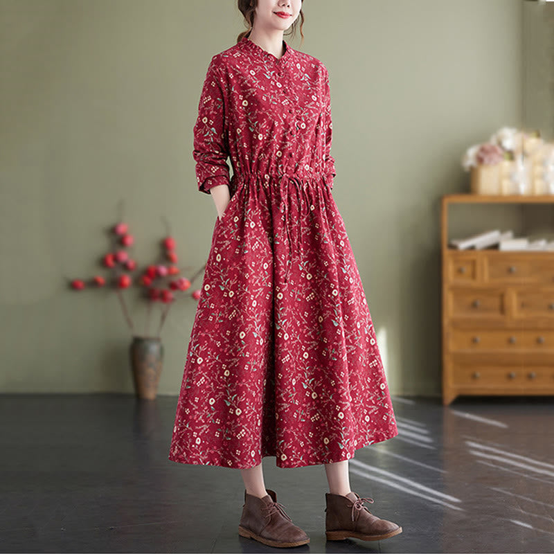 Buddha Stones Ethnic Printing Drawstring Long Sleeve Cotton Linen Maxi Dress With Pockets