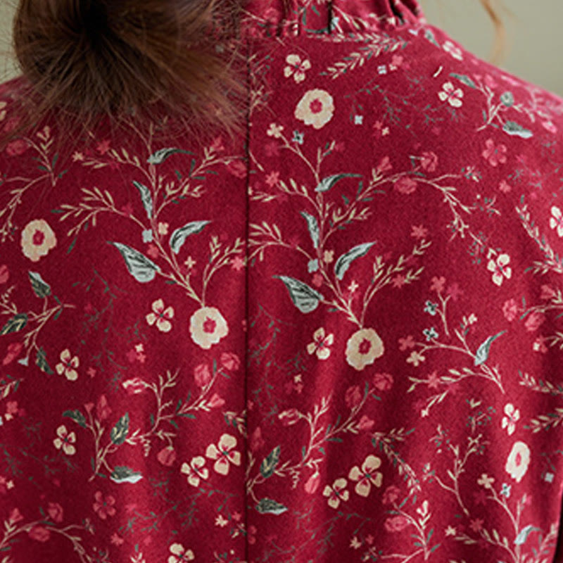 Buddha Stones Ethnic Printing Drawstring Long Sleeve Cotton Linen Maxi Dress With Pockets