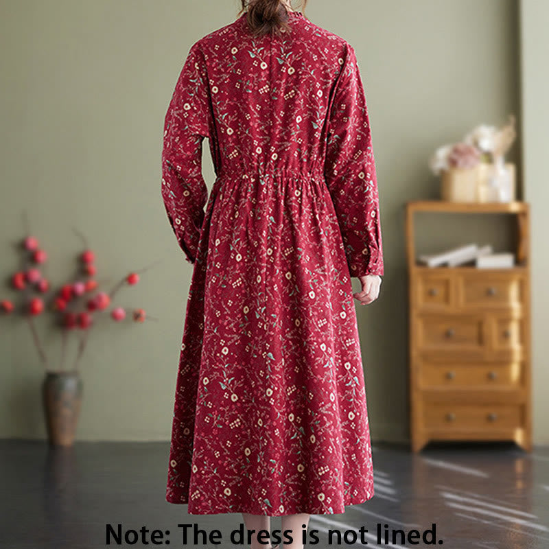 Buddha Stones Ethnic Printing Drawstring Long Sleeve Cotton Linen Maxi Dress With Pockets