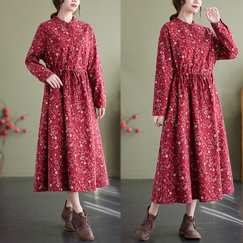 Buddha Stones Ethnic Printing Drawstring Long Sleeve Cotton Linen Maxi Dress With Pockets