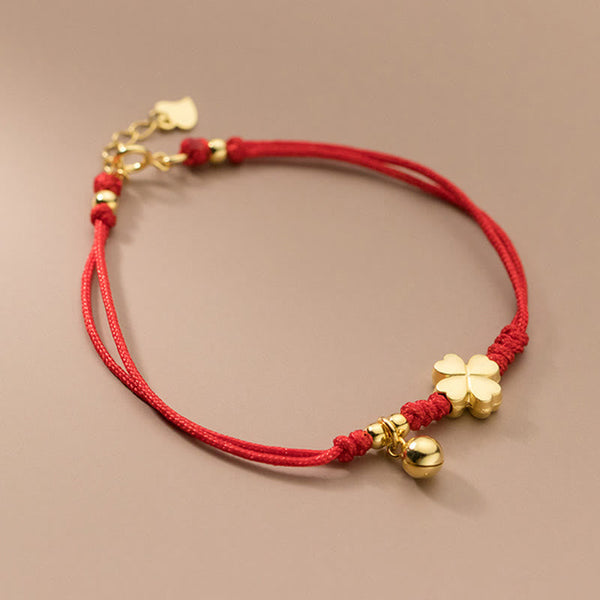 Buddha Stones 925 Sterling Silver Plated Gold Four Leaf Clover Red String Connection Bracelet