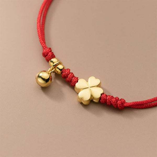 Buddha Stones 925 Sterling Silver Plated Gold Four Leaf Clover Red String Connection Bracelet
