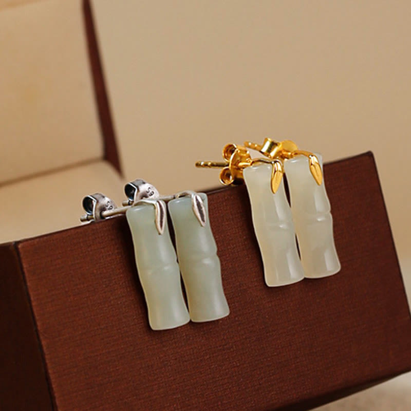 Buddha Stones Bamboo Hetian Jade 925 Sterling Silver Leaf Wealth Earrings
