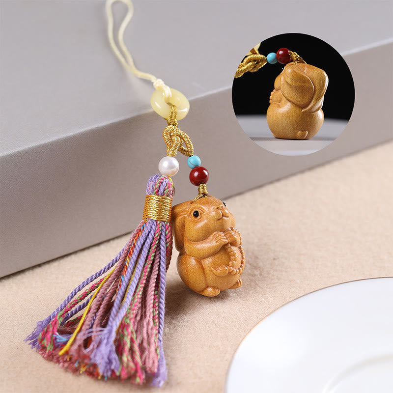 Buddha Stones Sandalwood 12 Chinese Zodiac Blessing Colorful Tassel Accessories Keychain