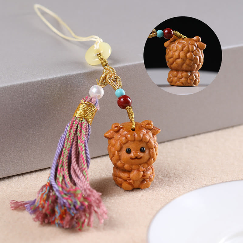 Buddha Stones Sandalwood 12 Chinese Zodiac Blessing Colorful Tassel Accessories Keychain