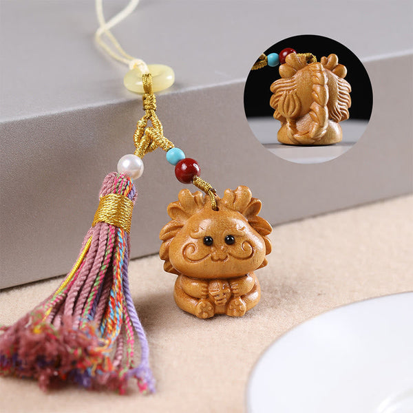 Buddha Stones Sandalwood 12 Chinese Zodiac Blessing Colorful Tassel Accessories Keychain
