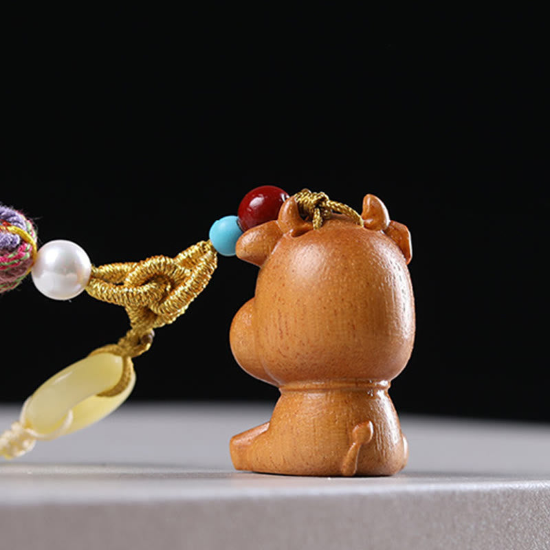 Buddha Stones Sandalwood 12 Chinese Zodiac Blessing Colorful Tassel Accessories Keychain