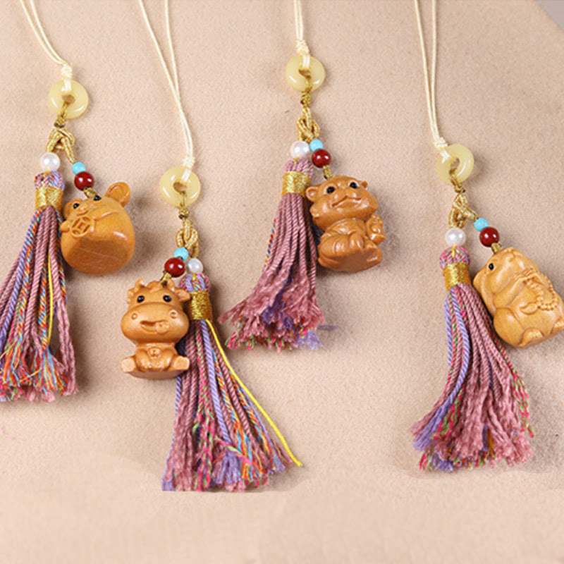 Buddha Stones Sandalwood 12 Chinese Zodiac Blessing Colorful Tassel Accessories Keychain