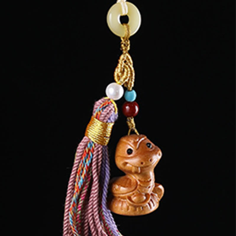 Buddha Stones Sandalwood 12 Chinese Zodiac Blessing Colorful Tassel Accessories Keychain
