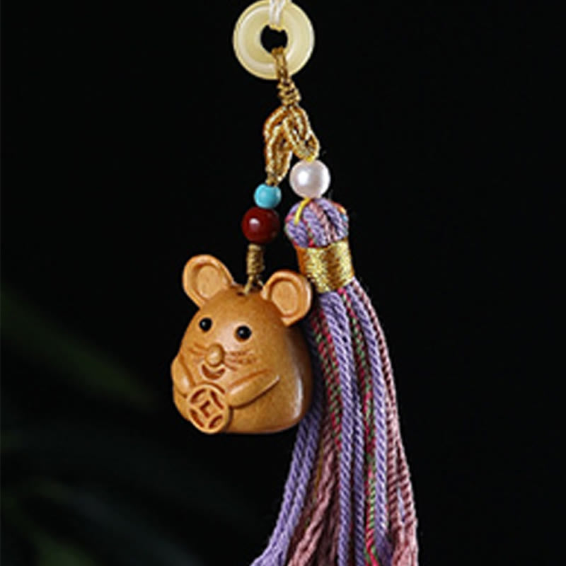 Buddha Stones Sandalwood 12 Chinese Zodiac Blessing Colorful Tassel Accessories Keychain