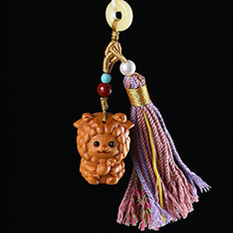 Buddha Stones Sandalwood 12 Chinese Zodiac Blessing Colorful Tassel Accessories Keychain