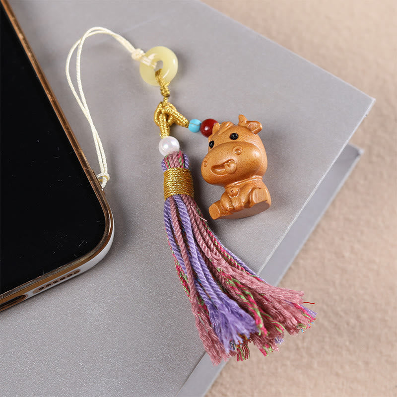 Buddha Stones Sandalwood 12 Chinese Zodiac Blessing Colorful Tassel Accessories Keychain