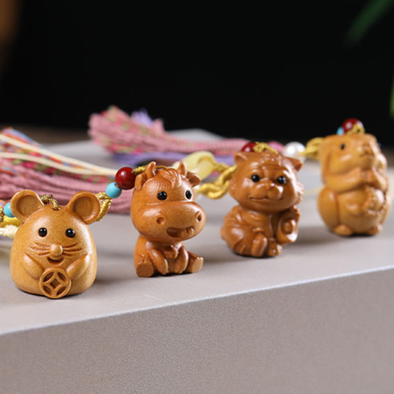 Buddha Stones Sandalwood 12 Chinese Zodiac Blessing Colorful Tassel Accessories Keychain