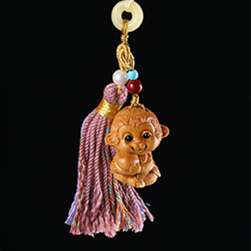 Buddha Stones Sandalwood 12 Chinese Zodiac Blessing Colorful Tassel Accessories Keychain
