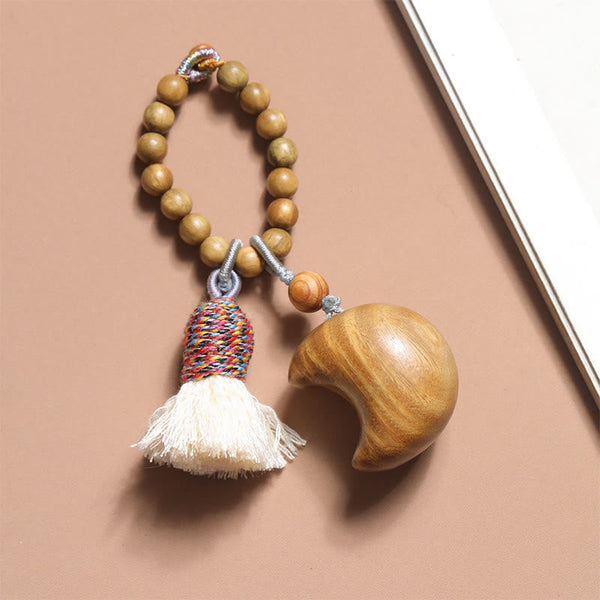 Buddha Stones Natural Green Sandalwood Colored Rope Tassels Star Moon Abundance Key Chain