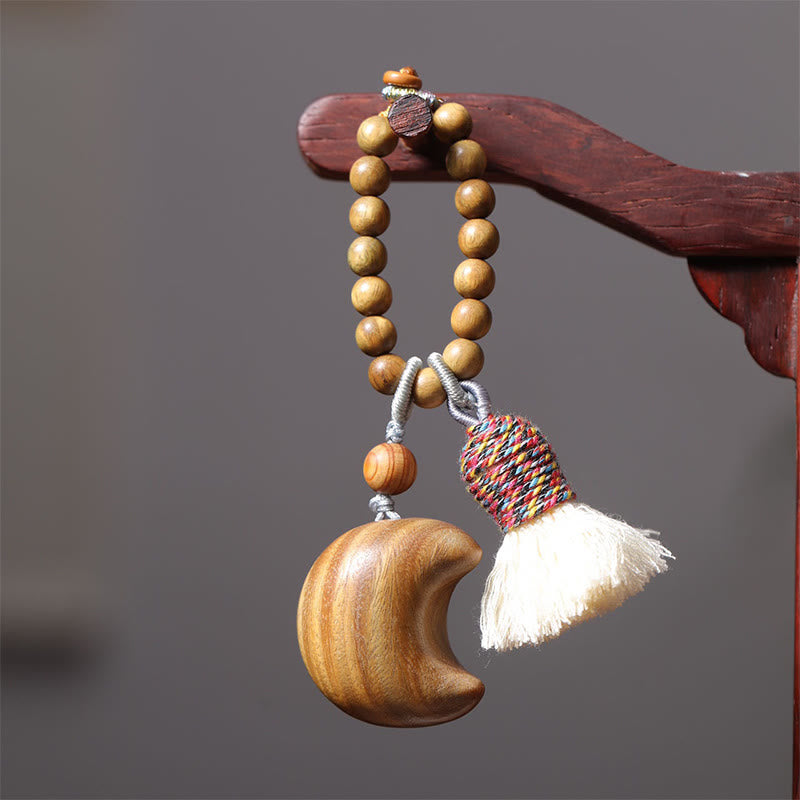 Buddha Stones Natural Green Sandalwood Colored Rope Tassels Star Moon Abundance Key Chain