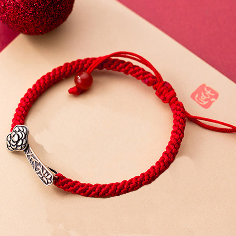 Buddha Stones Retro 925 Sterling Silver Ruyi As One Wishes Red String Braided Luck Bracelet