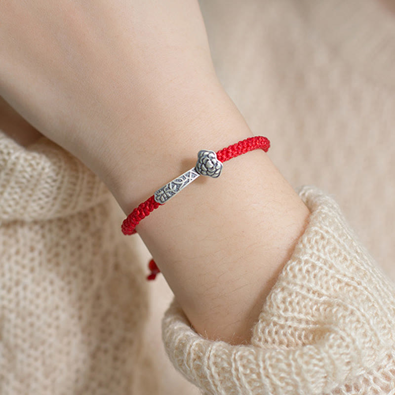 Buddha Stones Retro 925 Sterling Silver Ruyi As One Wishes Red String Braided Luck Bracelet