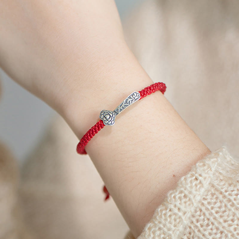 Buddha Stones Retro 925 Sterling Silver Ruyi As One Wishes Red String Braided Luck Bracelet
