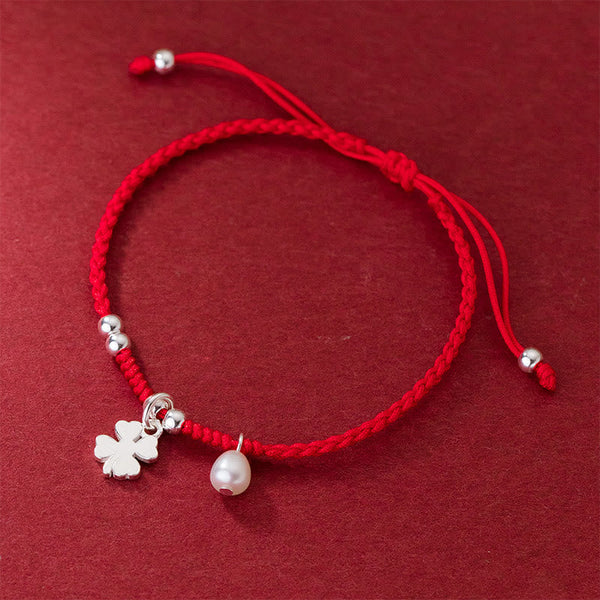 Buddha Stones Retro 925 Sterling Silver Four Leaf Clover Pearl Luck Red String Bracelet