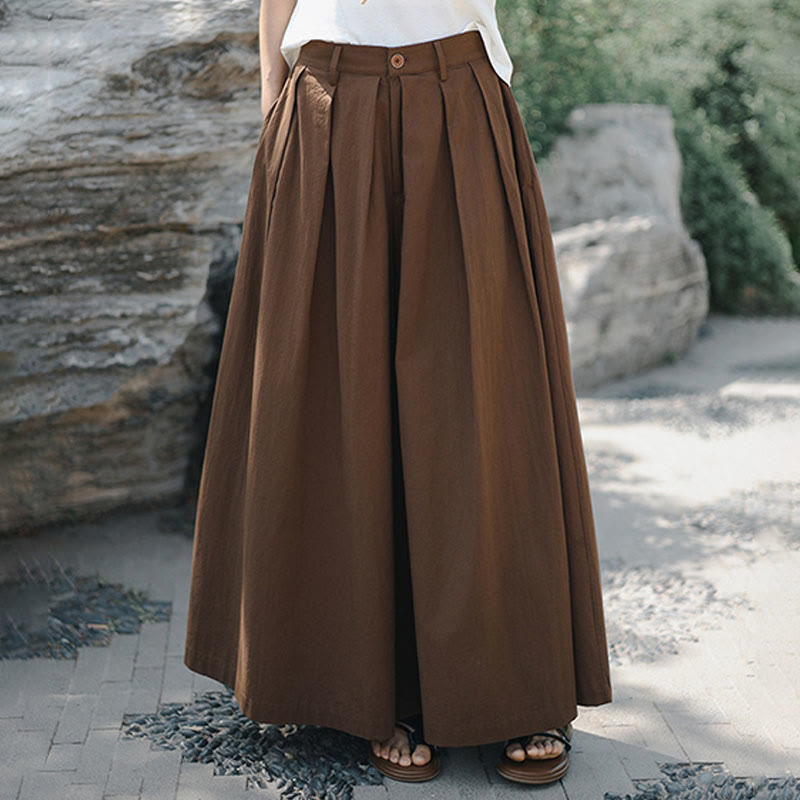 Buddha Stones Casual Plain Loose Cotton Women's Wide Leg Pants With Pockets
