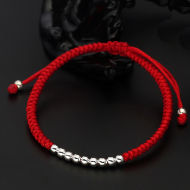 Buddha Stones Retro 925 Sterling Silver Simple Beads Knot Design Luck String Bracelet