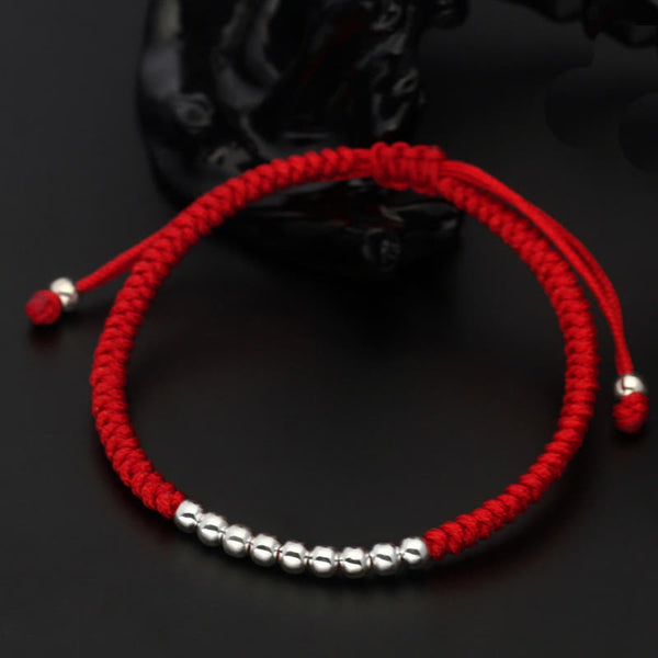 Buddha Stones Retro 925 Sterling Silver Simple Beads Knot Design Luck String Bracelet