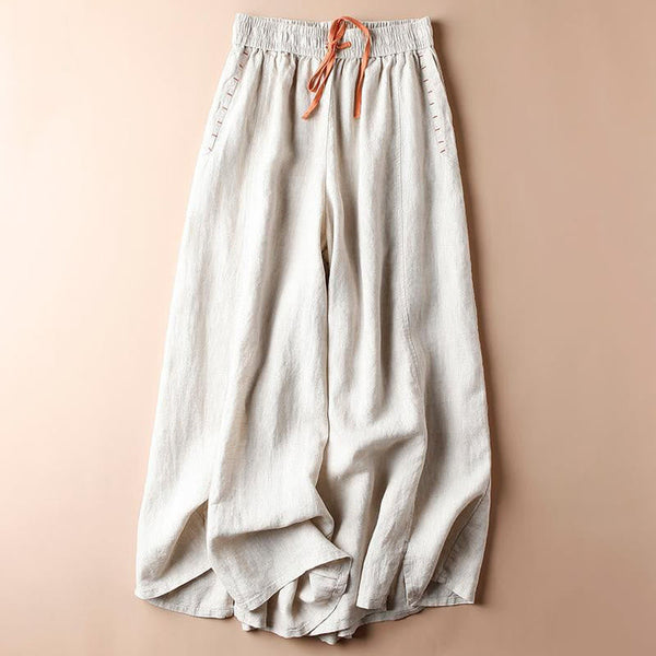 Buddha Stones Casual Cotton Slit Hem Women's 7-8 Length Wide Leg Pants With Pockets