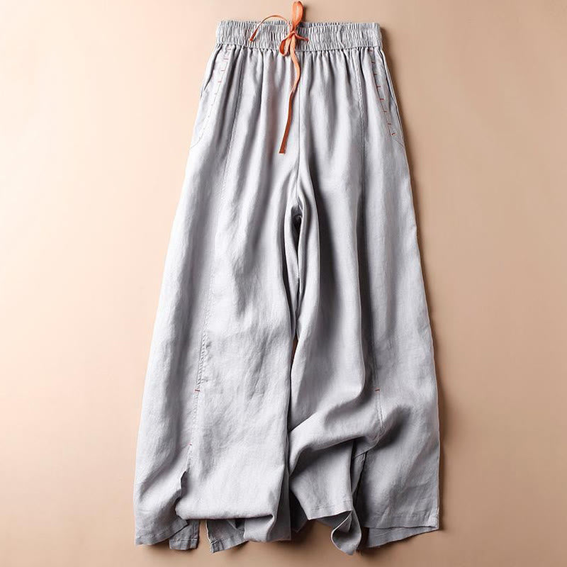 Buddha Stones Casual Cotton Slit Hem Women's 7-8 Length Wide Leg Pants With Pockets