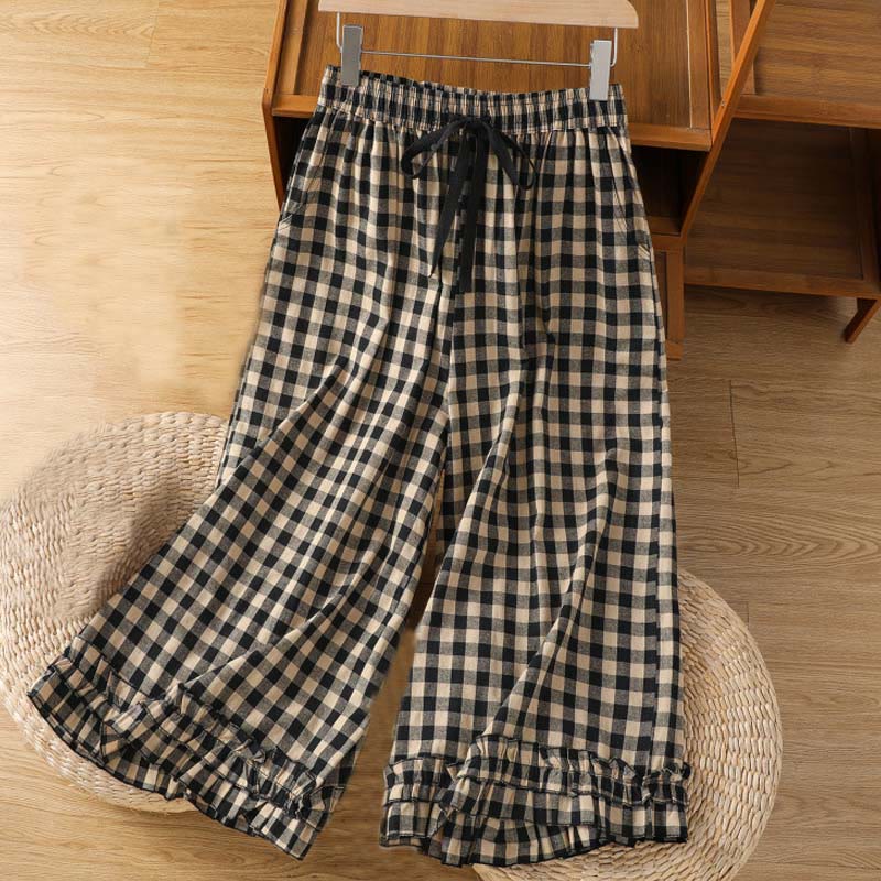 Buddha Stones Casual Cotton Stitching Grid Women's 7-8 Length Wide Leg Pants With Pockets