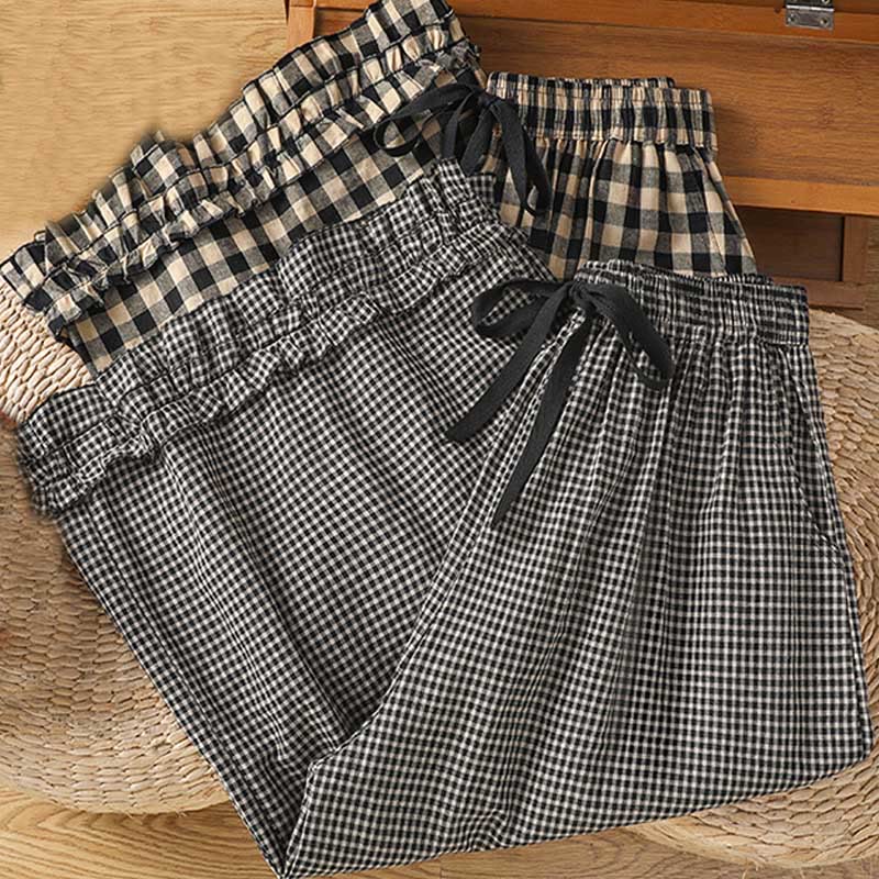 Buddha Stones Casual Cotton Stitching Grid Women's 7-8 Length Wide Leg Pants With Pockets