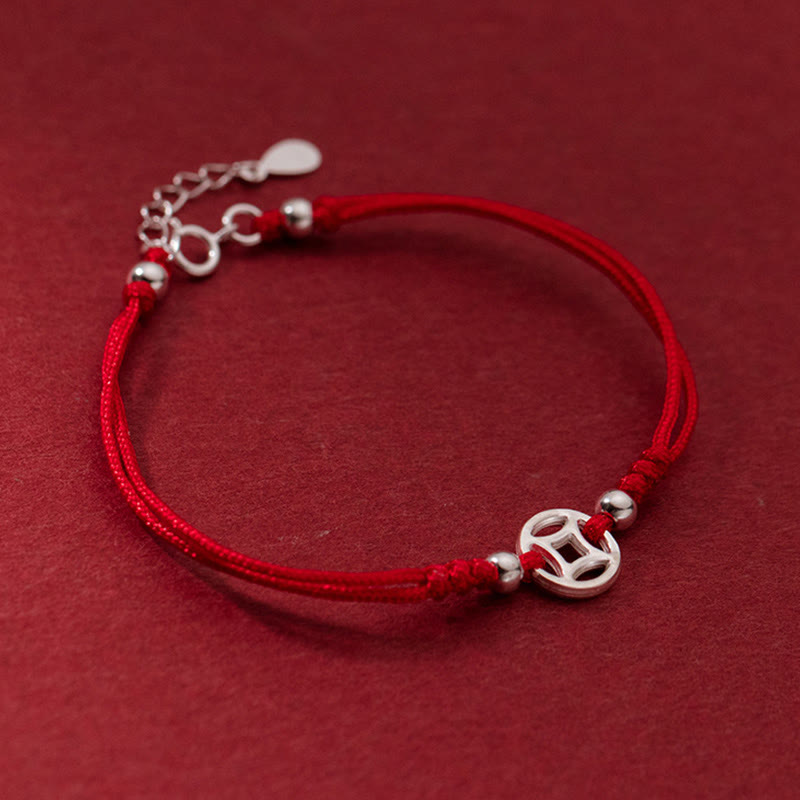 Buddha Stones 925 Sterling Silver Hollow Copper Coin Luck String Bracelet