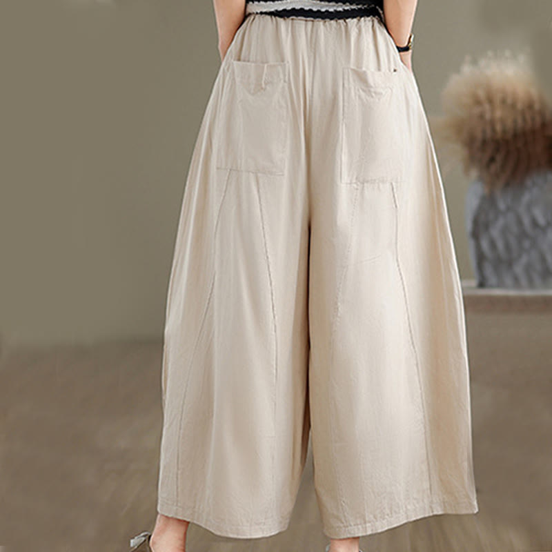 Buddha Stones Casual Plain Cotton Women's 7-8 Length Wide Leg Pants With Pockets