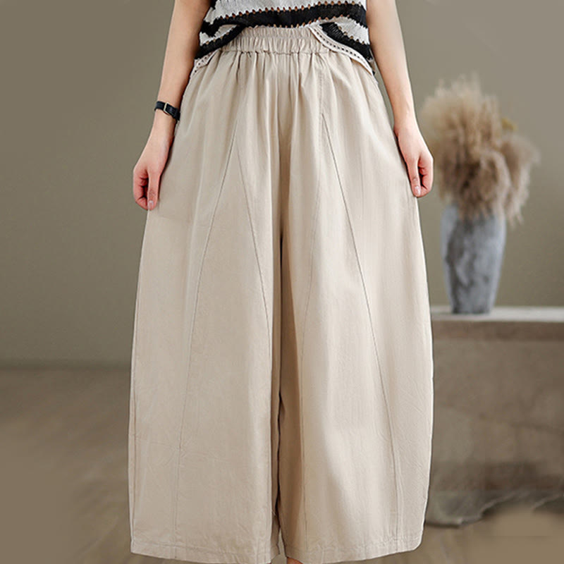 Buddha Stones Casual Plain Cotton Women's 7-8 Length Wide Leg Pants With Pockets