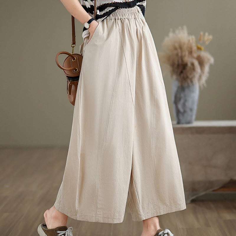 Buddha Stones Casual Plain Cotton Women's 7-8 Length Wide Leg Pants With Pockets