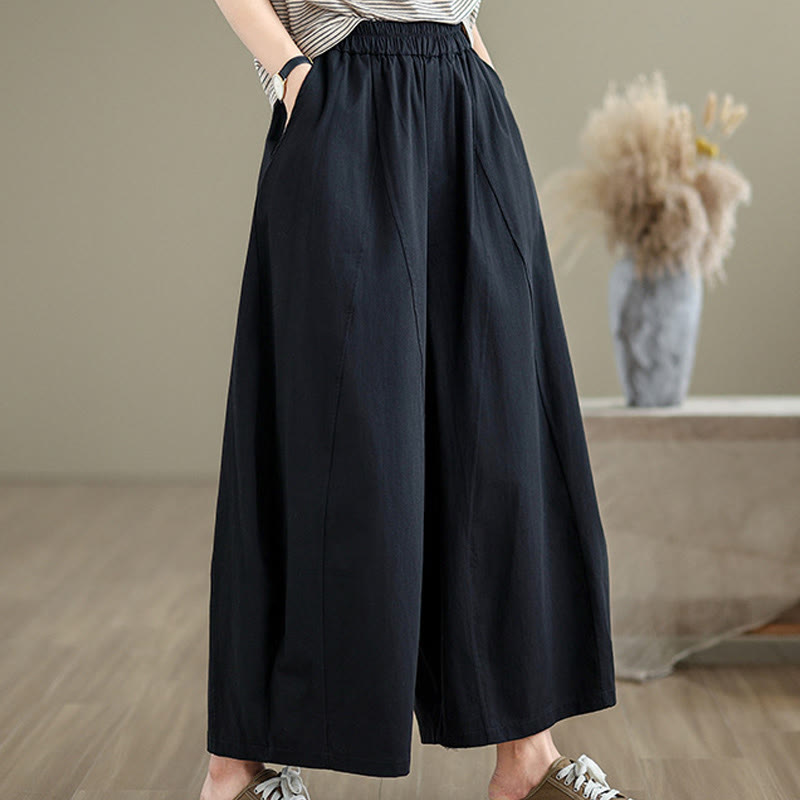 Buddha Stones Casual Plain Cotton Women's 7-8 Length Wide Leg Pants With Pockets