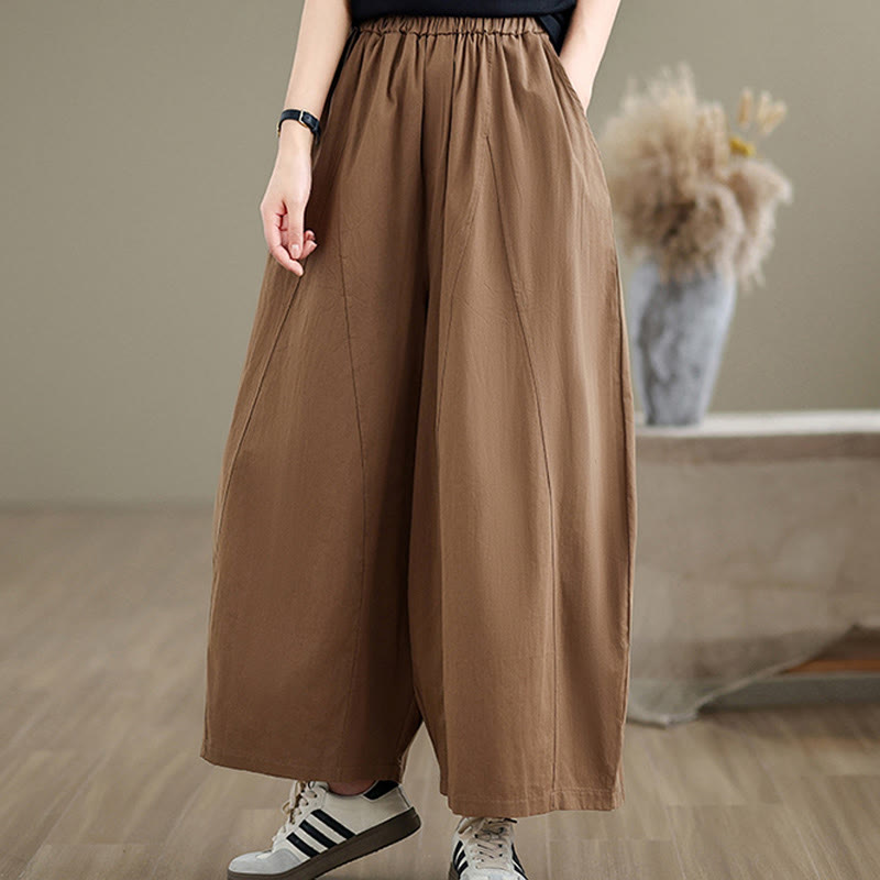 Buddha Stones Casual Plain Cotton Women's 7-8 Length Wide Leg Pants With Pockets