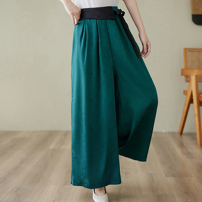 Buddha Stones Casual Jacquard Lace-up Cotton Women's Wide Leg Pants With Pockets