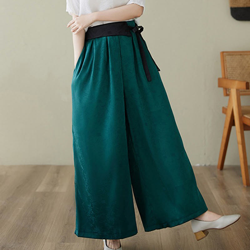 Buddha Stones Casual Jacquard Lace-up Cotton Women's Wide Leg Pants With Pockets