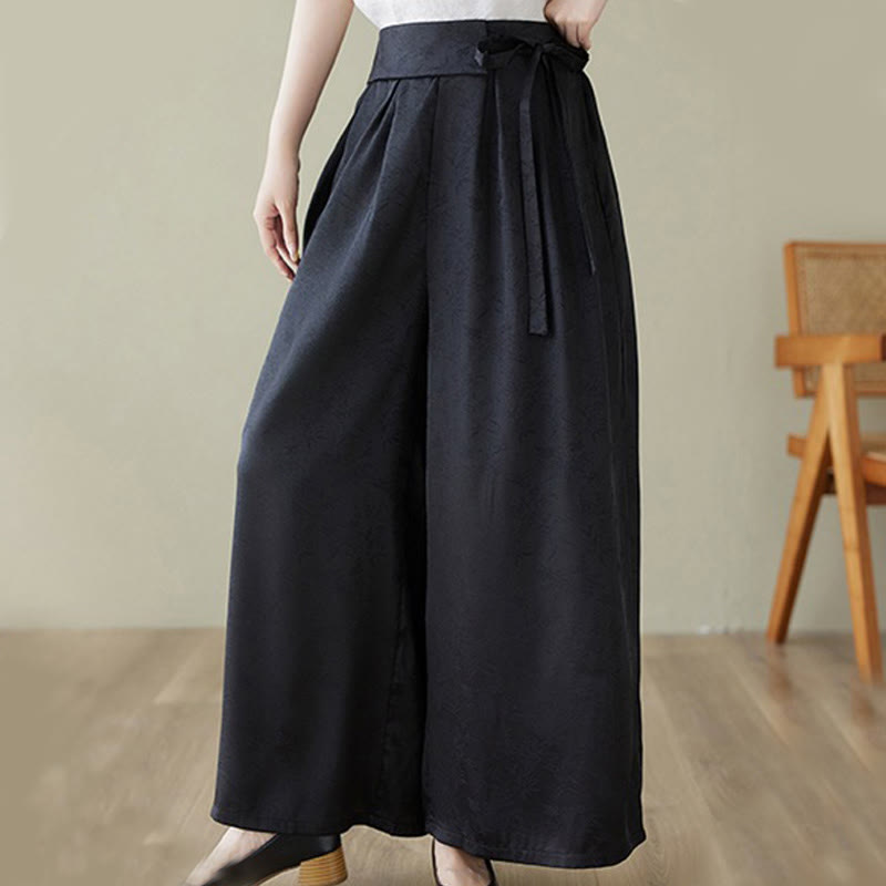 Buddha Stones Casual Jacquard Lace-up Cotton Women's Wide Leg Pants With Pockets