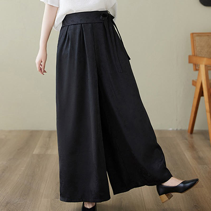 Buddha Stones Casual Jacquard Lace-up Cotton Women's Wide Leg Pants With Pockets