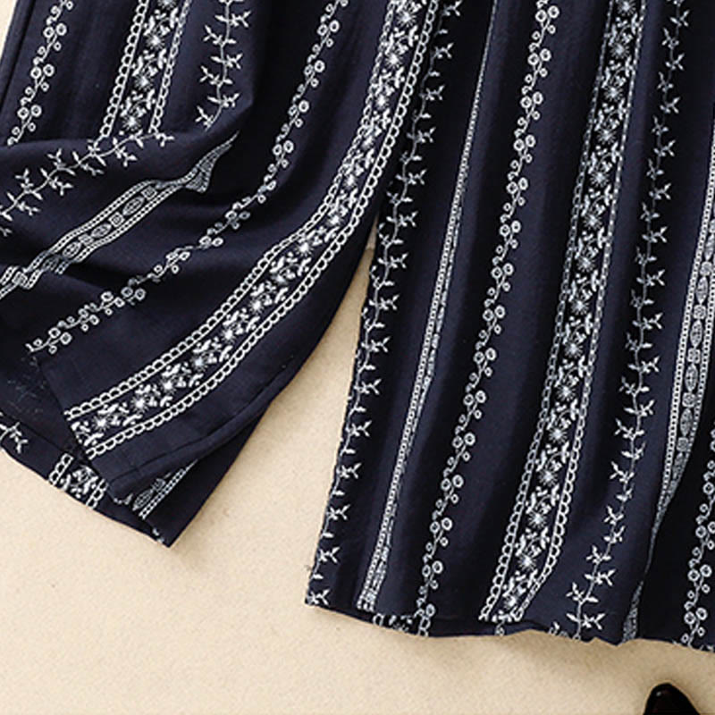 Buddha Stones Casual Vertical Printing Cotton Linen Women's Wide Leg Pants With Pockets