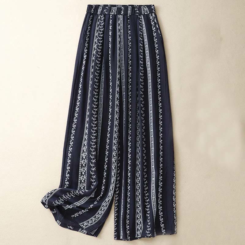 Buddha Stones Casual Vertical Printing Cotton Linen Women's Wide Leg Pants With Pockets